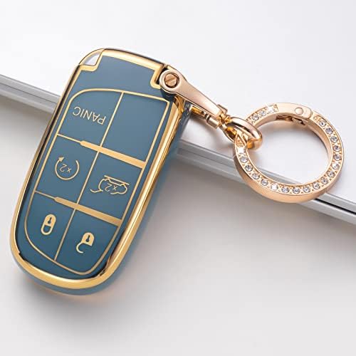 Bikte for Jeep Key Fob Cover with Leather Keychain, Premium Soft TPU Protection Key Case for Grand Cherokee Renegade Chrysler Dodge RAM Journey Dart Fiat Durango Challenger Smart Key Holder （Blue ）
