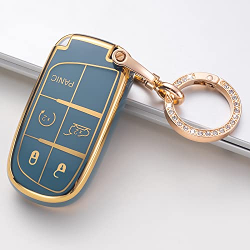 Bikte For Jeep Key Fob Cover With Leather Keychain, Premium Soft Tpu Protection Key Case For Grand Cherokee Renegade Chrysler Dodge Ram Journey Dart Fiat Durango Challenger Smart Key Holder （Blue ） #TOP3