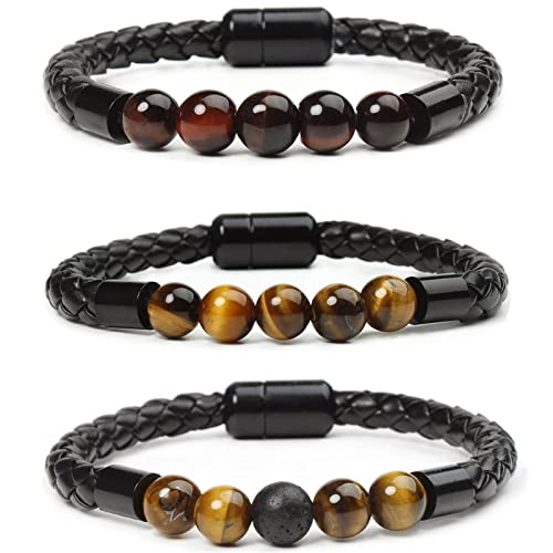 Elektrostatische Achat Lederperlen Band, KILOSY Elektrostatisches Achat-Lederperlenband, 8 mm Vulkanstein Tigerauge Magnetschnalle Magnetperlen Armband (Tiger Eye3pcs) Cover