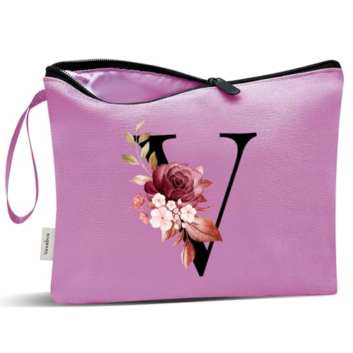 Image of Vavabox A-Z Personalized Makeup Bag, Birthday Gifts for Women Mom, Gifts for Best Friend, Bride Bridesmaid Cosmetic bag (V, Purple)