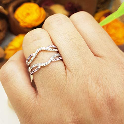 10K Solid Gold Round White Diamond & Pink Sapphire Womens Wedding Band Split Shank Enhancer Guard Double Ring3