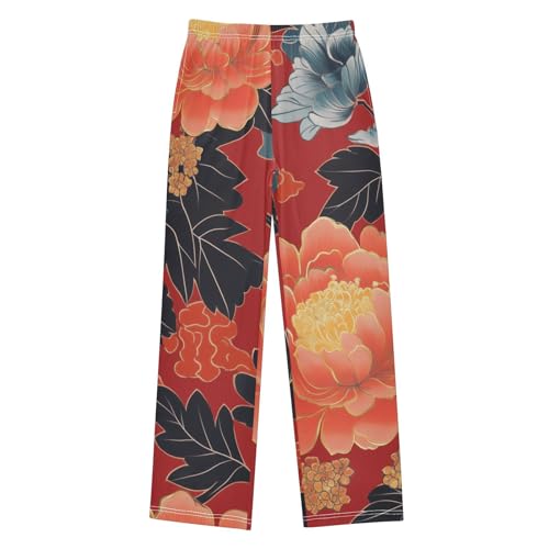 ZZXXB Peony Flowers Pattern Boys Long Pants Soft Trousers Elastic Waist Kids Lounge Bottoms with Pockets S-XL