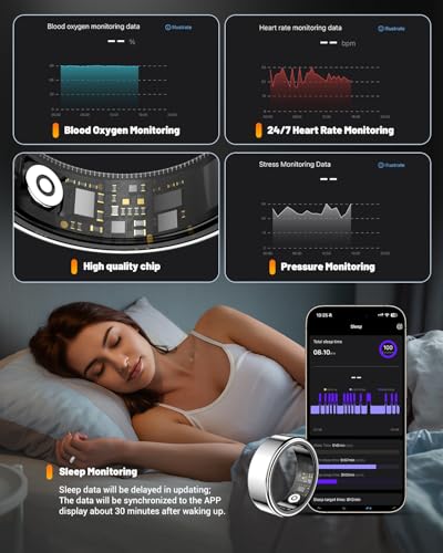 Image of Smart Ring Health Tracker with Charging Case Sleep Heart Rate & Blood Oxygen Monitor 5ATM+IP68 Waterproof Fitness Ring No Subscription 3-7Day Battery iOS & Android Compatible for Men Women silver 9#
