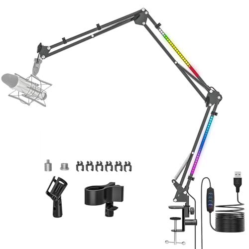Microphone Boom Arm with RBG Light, 44” Foldable 3-Sections RBG Microphone Arm Desk Mount with 1/4“ 3/8“ 5/8” Screw, Adjustable Mic Desk Stand Mount with C-Clamp for Gaming Streaming Podcasting
