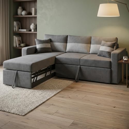 Image of FURNY Soria 4 Seater LHS Lounger Sofa Cum Bed (Light Gray - Dark Gray) with Pull-Out Function | Luxury Velvet Suede Finish | Durable Comfort | Ideal for Living Room