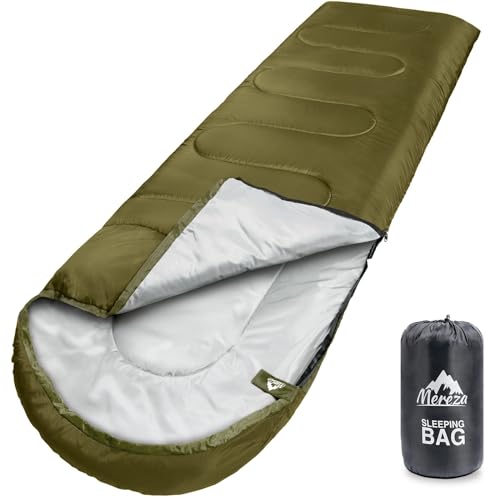 MEREZA Sleeping Bags XL for Adults Mens Large Wide Sleeping Bag for Camping & Backpacking Big and Tall Sleeping Bags for Women 4 Season Warm & Cool Weather with Compression Sack 20-32°F Olive Green