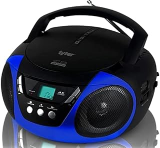 Tyler Portable CD Player Boombox Radio AM/FM Top Loading AC & Battery Compatible Aux Input & 3.5mm Headphone Jack Small Lightweight Compact Boom Box Home Stereo Speaker Carrying Handle Kids Room Blue