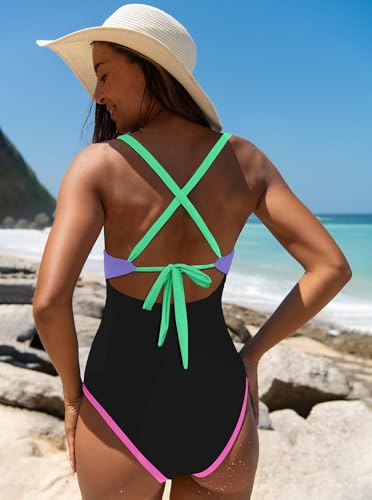 Image of popvil Women One Piece Swimsuit 2026 Tummy Control Sexy Cutout Neon Color Block Bathing Suit Slimming Adjustable Swimwear
