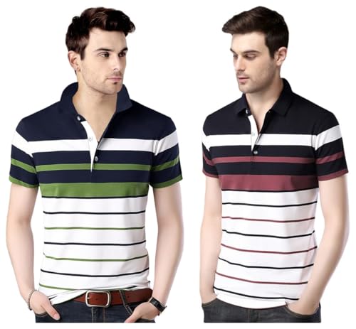 Image of EYEBOGLER Men's Striped Regular fit T-Shirt (T285HS White Darknavy Indigo Royal S) EYEBOGLERMenRegularT-Shirt (Pack of 2)