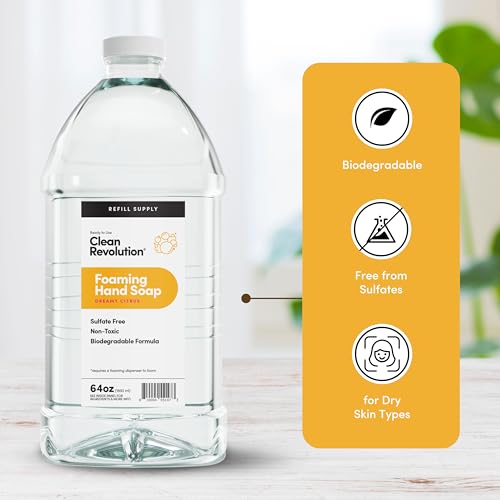 Image of Clean Revolution Foaming Hand Soap Refill with Real Essential Oils, Moisturizing Sulfate-Free Hand Soap, Ready-to-Use Foam Soap Refill for Kitchen & Bathroom (Dreamy Citrus) 64 Fl Oz