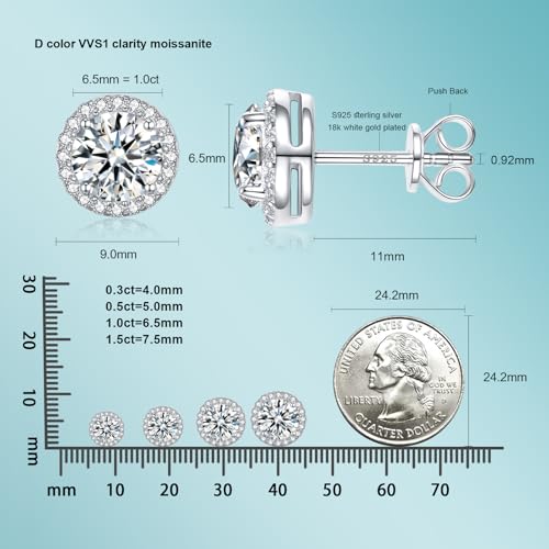 Moissanite Earrings Studs for Women, Round Cut D Color VVS1 Clarity Lab Created Moissanite Studs Earrings for Men S925 Sterling Silver Plated with 18k White Gold Jewelry2