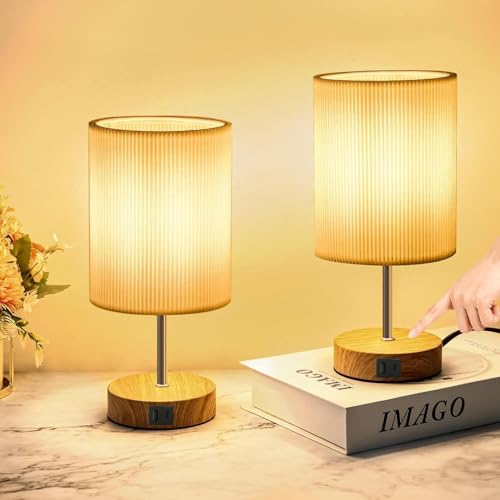 Bedside Lamps, Touch Control Table Lamp 3-Way Dimmable Small Lamp with 3D Pleats Fabric Shade LED Minimalist Nightstand Warm White for Christmas Xmas Bedroom Living Room (Wood)