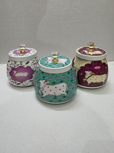 Image of 4-Inch Enamel Printed Pichwai Cow Jars - Decorative Metal Storage Jars with Lid - Traditional Indian Art Containers for Sweets, Spices, Pooja & Return Gifting