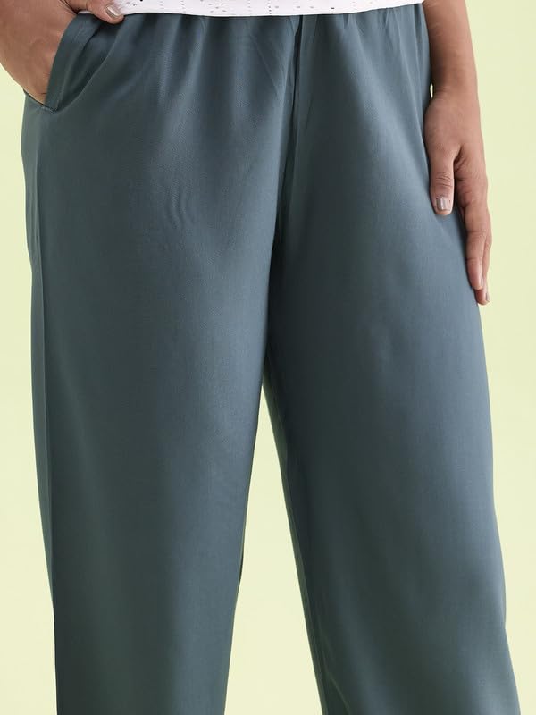 Image of GO COLORS Women Solid Mid Rise Relaxed Fit Viscose Casual Pants