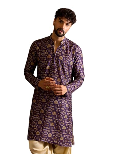 Image of Amazon Brand - Tavasya Men Silk Blend Ethnic Motif Printed Embellished Long Kurta | Regular Fit | Ethnic Wear | Full Sleeve