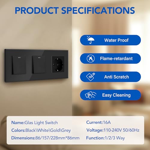 BSSED Doppel Lichtschalter Mit Steckdose 1 Fach 1 Weg, 10A Kristall Glas Platte Wandschalter Mit 16A Schuko Steckdose Schwarz, Physische Taste Schalter - 228mm