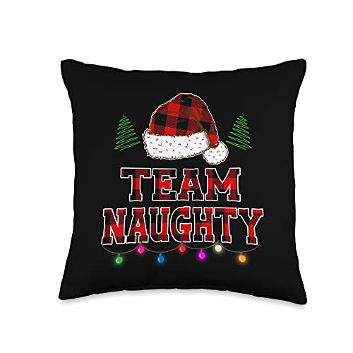 Team Naughty Or Nice Fun Family Holiday Christmas Team Naughty Red Plaid Santa Hat Funny Couple Matching Shirt Throw Pillow, 16x16, Multicolor