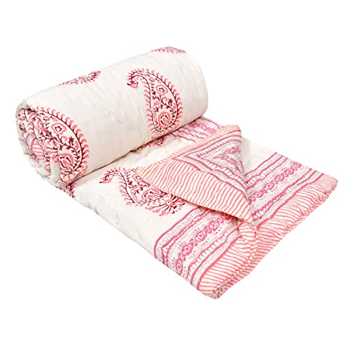 Image of BLOCKS OF INDIA Cotton Single Size Quilt Hand Block Print for Light Winters (60X90 Inches) (Pink Jaal), Lightweight, 300 TC