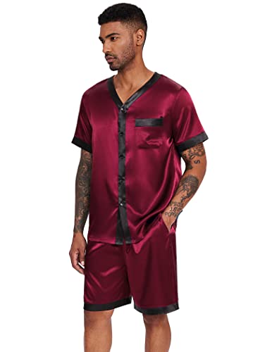 Ekouaer Silk Pajamas for Men Satin Pajama Shorts 2 Piece Button Down Pj Set V Neck Sleepwear Loungewear with Pockets S-XXL2