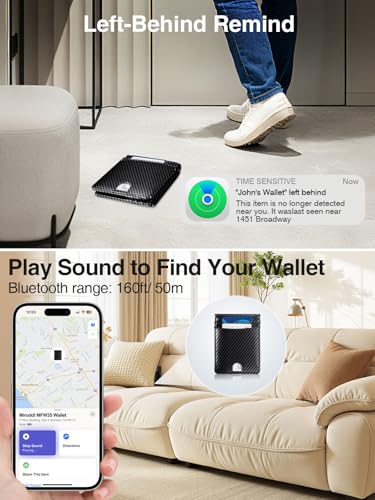 Miroddi Premium Leather Mens Wallet, Works with Apple Find My, RFID Blocking Smart Wallet for Men, Holds up to 10 Cards, Slim Bifold Credit Card Holder with Cash Slot, Rechargeable, Carbon Fiber — view 3