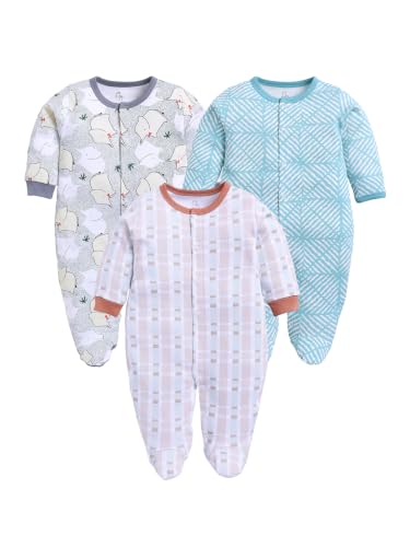 Image of BABY GO Baby Sleepsuit Pack of 3 | 100% Cotton Full Sleeve Footed Romper for Newborn Baby Boys & Girls | Front Open Snap Button Onesie Jumpsuit | Soft Breathable Nightwear