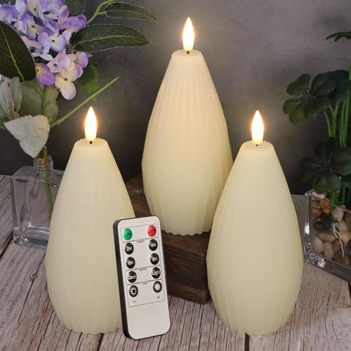 Image of Ivory White Ribbed Flameless Candles Battery Operated with Remote Geometric Aesthetic Flickering LED Real Wax Candle Vintage Home Decor for Christmas Table Fireplace Mantel, 3 Pack