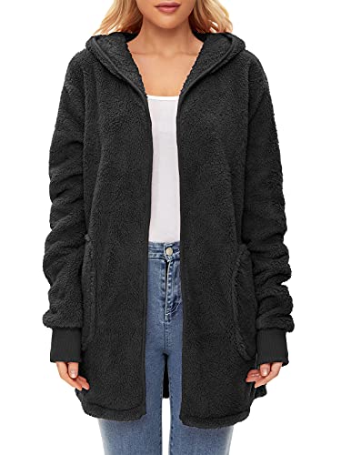 Century Star Women Fleece Cardigan Hooded Loose Fuzzy Cardigan Coat Womens Fuzzy Jacket Open Front Outwear Black Xx-Large #TOP5