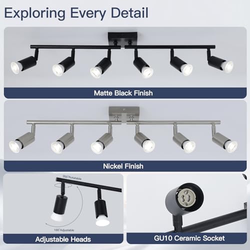 Image of 6-Light Kitchen Track Lighting, Black Adjustable GU10 Track Ceiling Light Kit, Industrial Flush Mount Ceiling Spotlight Fixture for Hallway, Dining Room