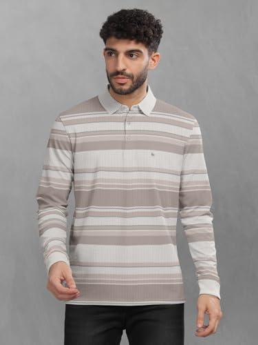 Image of BULLMER Striped Textured Printed Polo Neck Fullsleeve T-Shirt with Rib for Men