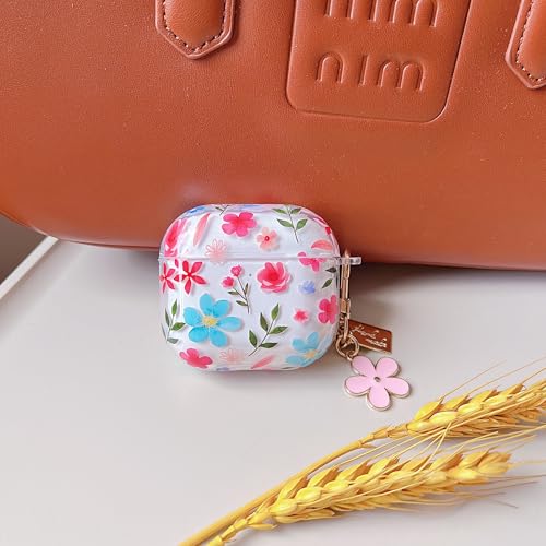 Image of MINSCOSE for AirPods 4 Clear Case,Cute Floral Leaves Pattern Design with Girly Flower Keychain,Soft Silicone Protective Shockproof Cover with Cleaner Kit for Girls Women for Airpod 4-Blue