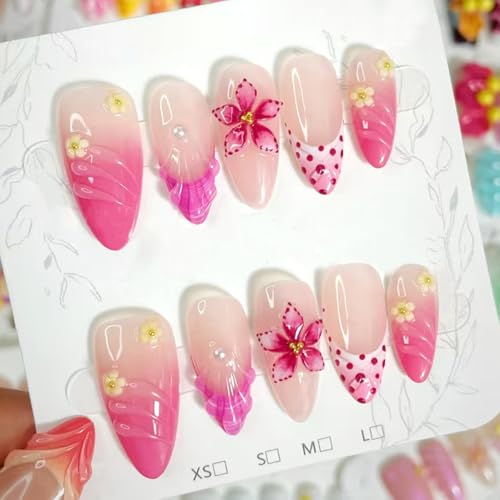 24Pcs Pink Gradient Press on Nails Medium Almond Fake Nails with 3D Seashell Flowers and Hand-Painted Pearls Designs French Nails Cute Stick on Nail Floral False Nails for Women