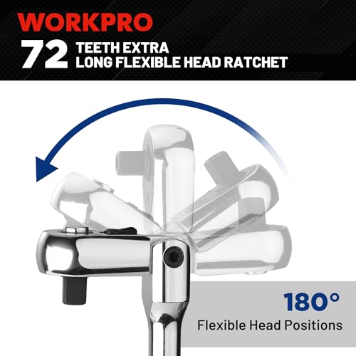 Image of WORKPRO 1 /4 inch Drive Extra Long Flex Head Ratchet, 12 Inch Long CR-V Steel Ratchet Handle with Chromium Plating, CR-MO Head, Quick Release Reversible Design, 72-Tooth