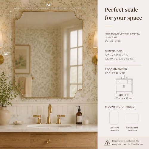 Image of TEHOME Gold Bathroom Mirrors, Brushed Brass Rectangle Scalloped Vanity Mirror for Bathroom,24x30''