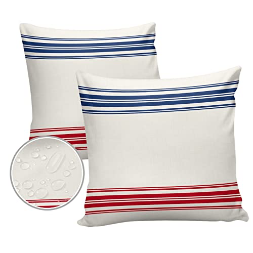 HELLOWINK Outdoor Pillows Waterproof Pillow Covers Set of 2 Red Blue Stripes Polyester Throw Pillow Covers Garden Cushion Case for Patio Funiture Sofa Decoration 16x16inch Happy 4 th of July