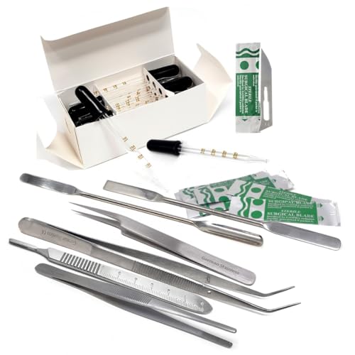 28Pcs Multipurpose Scientific Lab Tools Pack for Basic Starter Research Laboratory Kit Includes Stainless Steel Micro Sampling Spoon Scoop Spatulas, Forceps, Pipette Droppers, Scalpel Handle & Blades