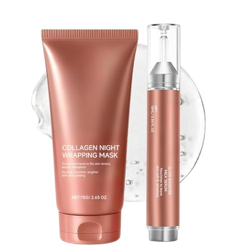 Collagen Night Wrapping Mask Set, Overnight Peel Off Face Mask and Glow Serum Duo, Hydrolysed Collagen Facial Skincare Set for Hydration, Smooth and Radiant Looking Skin, 75g + 10ml