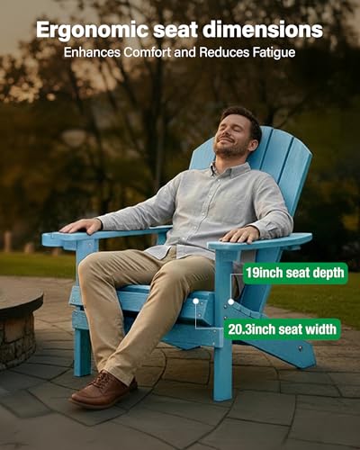 YEFU Adirondack Chair Weather Resistant: Outdoor Chair HIPS Plastic Adirondack Chairs - Patio Chairs with Cup Holder & Wood Texture - Lawn Fire Pit Deck Porch Garden Chairs for Adults (Blue)