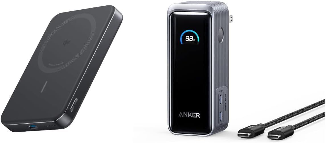 Anker Prime Power Bank, 9,600mAh Battery Pack with 65W Output, Built-in AC Plug, Supports PD 3.0 and PPS MagGo Power Bank, Ultra-Slim 10,000mAh Magnetic Battery Pack