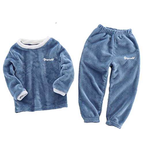 FEESHOW Kinder Flauschige Schlafanzug Pyjama Jungen Mädchen Zweiteiler Winter Warm Hauskleidung Anzug Kapuze Pullover Hose Set Blau D 146-152/11-12 Jahre Cover