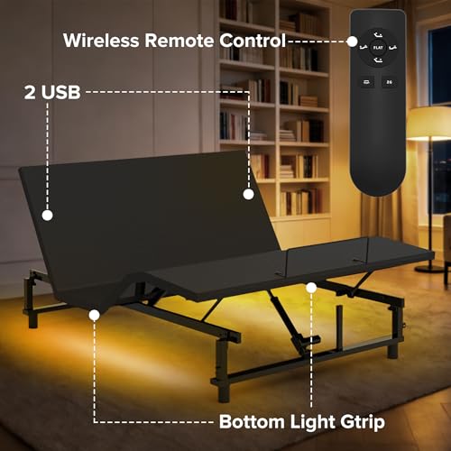 Image of Anwick Queen Adjustable Bed Frame with Remote, Head & Foot Incline, Zero Clearance Base, USB-A & USB-C Ports, Under-Bed LED Nightlight (Black)