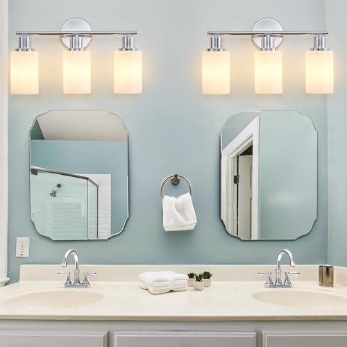 Image of DLLT 3-Light Bathroom Light Fixtures: Chrome Modern Vanity Lights with E26 Bulbs - Milky White Glass Shade Bathroom Wall Lamp for Mirror Kitchen Living Room Hallway Cabinet Porch
