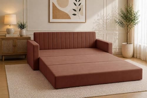 Image of Modern Velvet 3-Seater Sofa Cum Bed with Armrest, Convertible Sleeper Couch Sofa for Living Room, Bedroom & Office-Brown Color