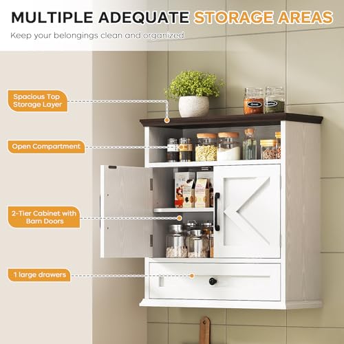 Image of Bathroom Wall Cabinet, Wall Mounted Medicine Cabinet 24.4 inchH x 23.6 inchW x 9 inchD | With Drawer, Barn Doors & Adjustable Shelf, White Over Toilet Farmhouse Storage Cabinet for Kitchen, Laundry Room, Entryway