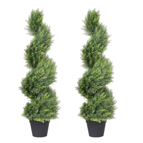 THE BLOOM TIMES 3ft Artificial Topiary Trees Set of 2, 36 inch Faux Cedar Cypress Spiral Topiary Trees Outdoor - Fake Plants for Garden Front Porch Indoor Outside Planter Decor 3 Foot