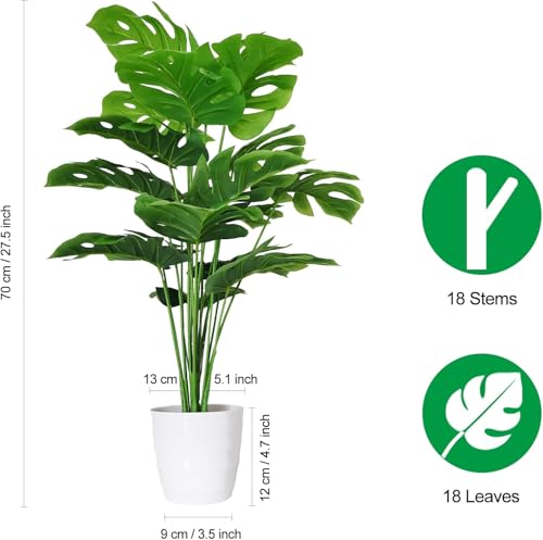 Image of Dekorly Plastic Fake Plants Artificial Floor Plants Large Tropical Palm Tree Tall Monstera Plant in Pot Faux Plants for Indoor Outdoor Home (Monstera | White Pot, Pack of 2)