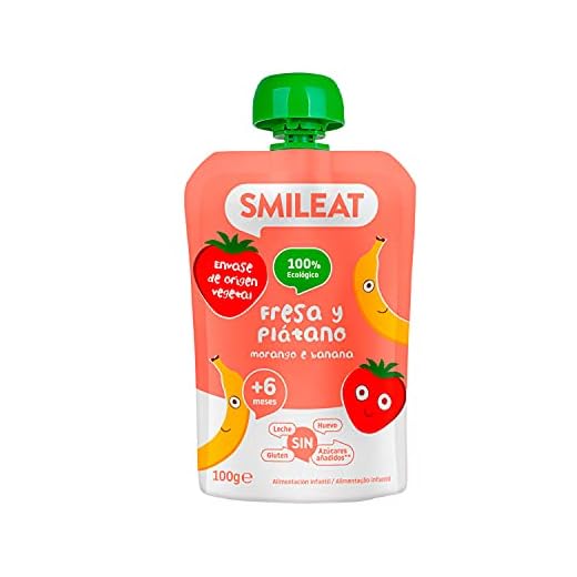 Smileat - Pouch Ecológico para Niños y Niñas, Puré Infantil con Ingredientes Naturales Bebibles, Merienda Para Bebés a Partir de los 6 Meses, Sabor a Fresa y Plátano - 100 g