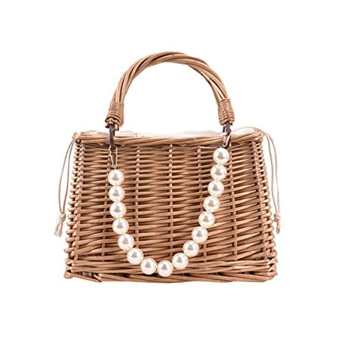 Portable Pearl Straw Handbag with Drawstring Closure Lightweight Beach Tote Bag for Women Stylish Summer Rattan Purse with Spacious Opening Family and Friends