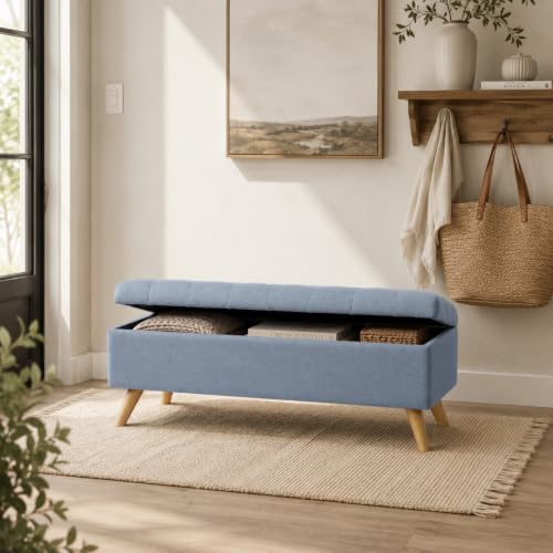 Image of HomePop 48 inch Modern Tufted Storage Bench - Dusty Blue Woven