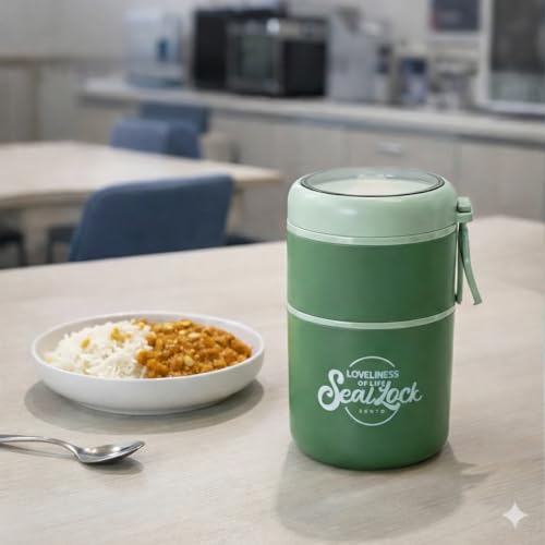 Image of Insulated Stackable Bento Box, 304 Stainless Steel Leak-Proof Thermal Lunch Pot with Foldable Spoon, 780ML Double-Layer Food Flask for Work & School - Green