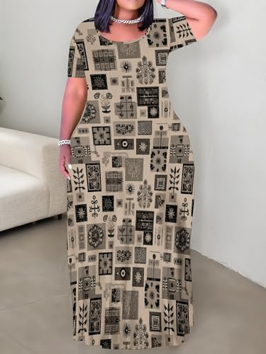 Image of PinkPatty Plus Size Maxi Dress for Curvy Women Crew Neck Long Sleeves Casual Dress Vacation Sundresses with Pockets